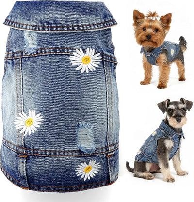 Dog Denim Jacket with Embroidered Daisy, Ripped Vintage Jean Vest for Small Dogs, Pugs, Chihuahuas, Spring Summer Fall Festival Outfit, X-Large (Fits Chest 17-18")