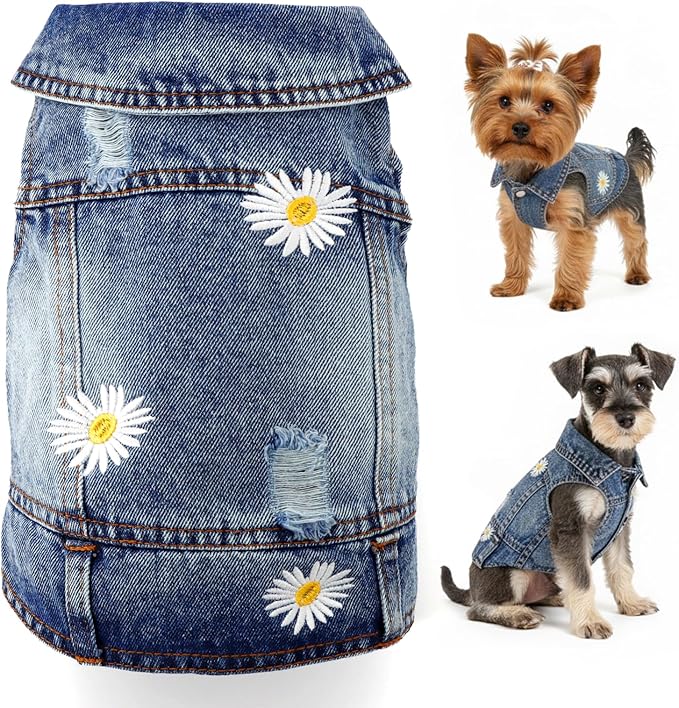 Dog Denim Jacket with Embroidered Daisy, Ripped Vintage Jean Vest for Small Dogs, Pugs, Chihuahuas, Spring Summer Fall Festival Outfit, Large (Fits Chest 15-16")