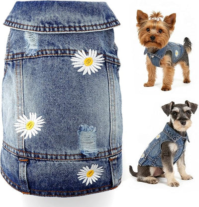 Dog Denim Jacket with Embroidered Daisy, Ripped Vintage Jean Vest for Small Dogs, Pugs, Chihuahuas, Spring Summer Fall Festival Outfit, Large (Fits Chest 15-16")