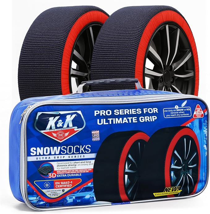 K&K Auto Snow Socks for Tires – Pro Series for Ultimate Grip Approved Snow Chain Alternative Traction Device – Tire Sock for Car SUV Sedan Coupe – Winter Travel Accessory Emergency Kit – Large (2pcs)