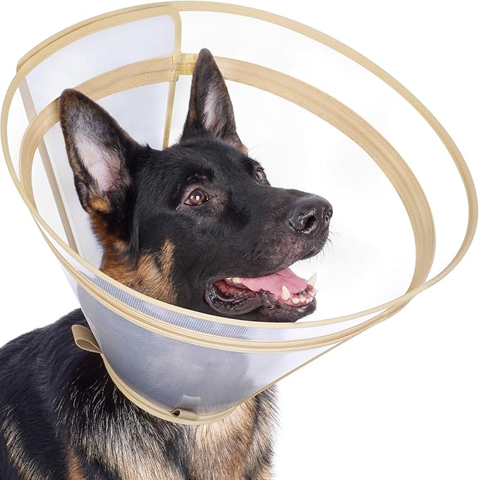 Dog Cone to Stop Licking, Clear Recovery Collar with Detachable Zipper, Sturdy Elizabethan Collar for Large Medium Small Dogs, Soft Adjustable Cone After Surgery Patented, Khaki L