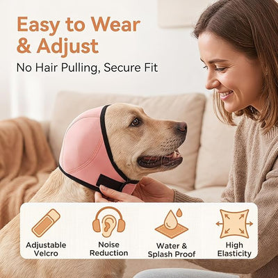 Dog Ear Cover for Hematoma,Bathing,Grooming,Drying,Fashion No Shake Ear Wraps for Dogs Ear Muffs Noise Protection Anxiety Relief,Waterproof Dog Calming Hoodie Shower Cap(Pink,L)