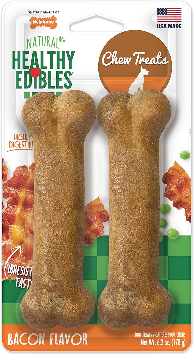 Healthy Edibles Natural Dog Chews, Long Lasting Bones for Dogs, Bacon Flavor Dog Treats, Medium (2 Count)