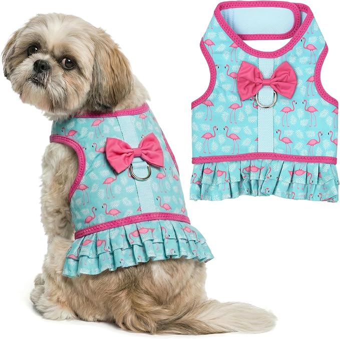 Flamingo Dog Harness Dress - Breathable No Pull Puppy Dress with Leash Ring - 100% Mesh Fabric Harnesses for Dogs - Soft Padded Step in Pet Vest - Dog Harness Medium Sized Dogs