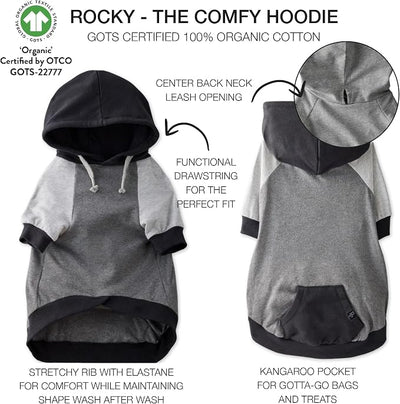 Pet Passion Rocky – The Original Lightweight Hooded Tee 100% Organic Cotton Dog Hoodie Pet Coat Sweater for All Sized Dogs, Original Black Color Block, XX-Large (70-110 lbs)