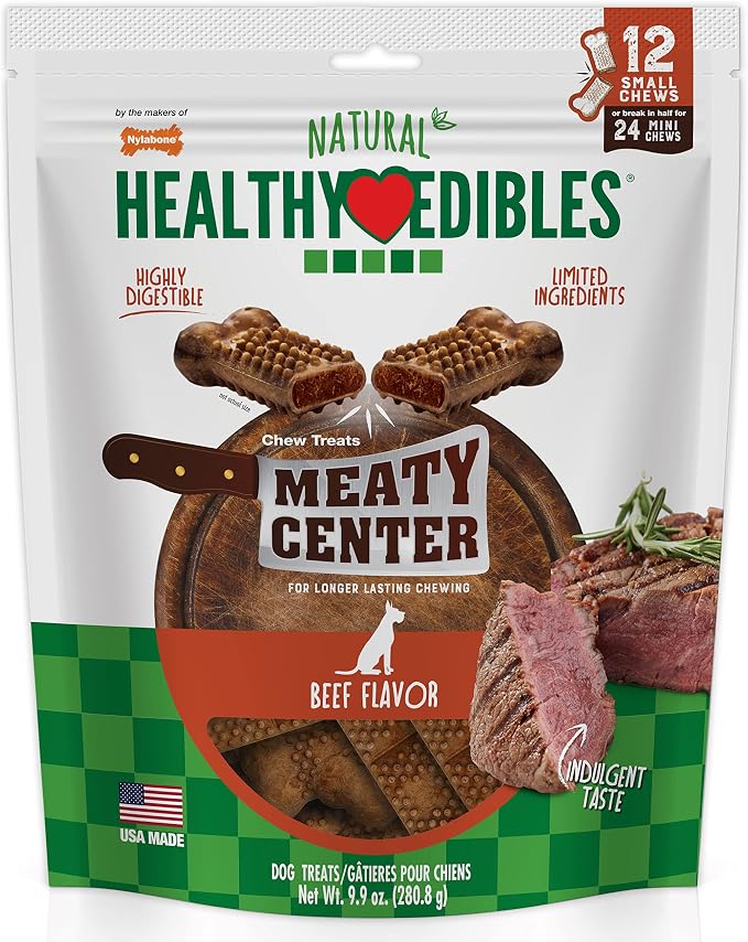 Healthy Edibles Natural Dog Chews Long Lasting Meaty Center Beef Flavor Treats for Dogs, Small (12 Count)