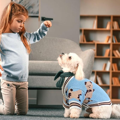 ABRRLO Small Dog Sweaters Cute Bear Dog Cardigans Clothes for Small Medium Dogs Boy Girl Puppy Cat Knitting Cardigan Outfits Dogs Winter Coats Warm Pet Doggy Clothes Soft Knitwear Apparel (Blue,L)