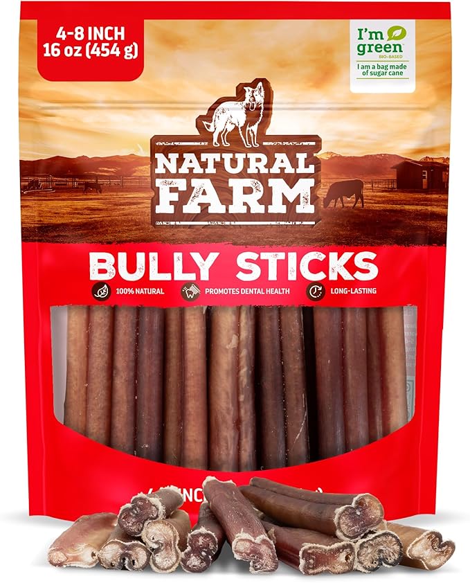 Odor-Free Bully Sticks (4-8”, 16oz) ALL-NATURAL Long-Lasting Chews, 100% Beef Pizzle, Grass-Fed, Grain-Free, Hormone-Free, Protein for Muscle Development & Energy, Perfect For Medium Dogs
