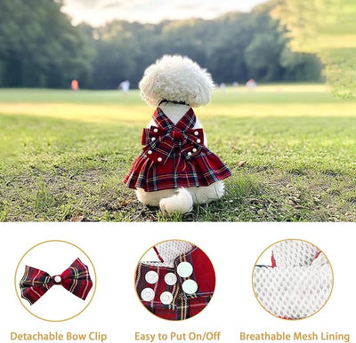 1 Pcs Cute Dog Dress Puppy Clothes with Bownot for Female Girl Small Dogs Outfits Harness for Outdoor Walking Birthday Party Red Plaid Skirt M