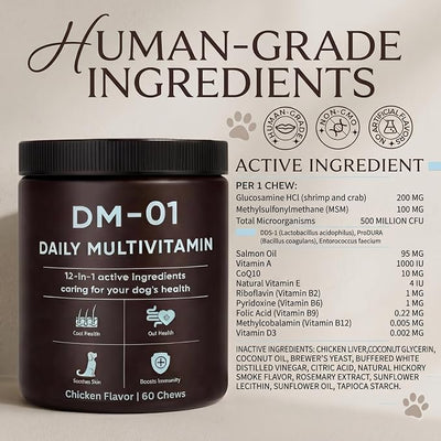 DM-01 Daily Multivitamin, Multivitamin Itch Relief Chews for Dog (Chicken) | with Folic Acid, Salmon Oil, Chondroitin & Natural Vitamins, Skin and Coat Healthy, Digestive & Boost Immunity, 60 Chews