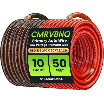 10 Gauge Battery Cable CCA Wire, 50FT Each Red Black Low Voltage Primary Automotive Power Ground Cable for Car Audio Amp Subwoofer RV Wiring