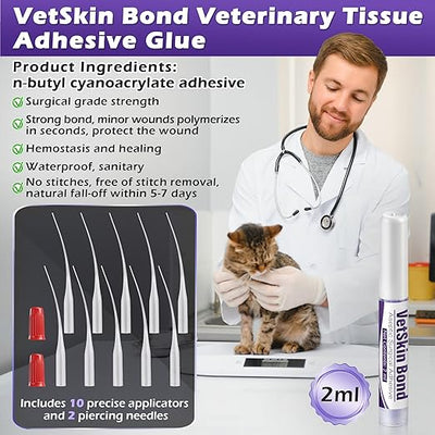 1 Pack 2ml Veterinary Surgical Skin Glue with 10 Applicators, Strong Surgical Adhesive, Blue-Tinted Fast-Acting Tissue Wound Glue, Up to 20 Applications, Ideal for Dogs & Cats Essential Care