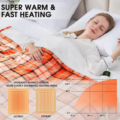 Orange Heated Throw Blanket Electric, 50X60 Heating Throw with 10 Heats Levels&8 Hours Auto Off&Timer for Lap, Plaid Soft Sherpa Orange Blanket Warmer Gift for Women Adults