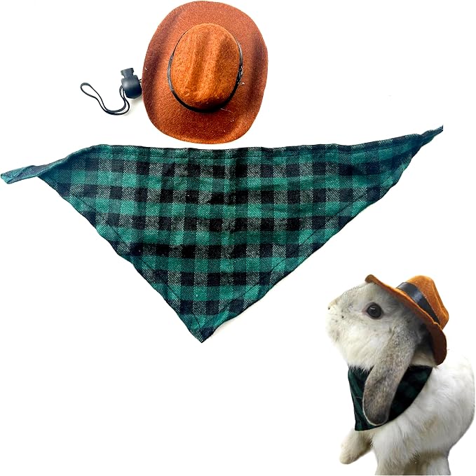 Cute Rabbit Cowboys Hat and Scarf Set, Funny Rabbits Pet Cowboy's Hat Scarf Outfits, Rabbits Dog Cat Pets Halloween Costume Hats Clothes Bunny Stuff Gifts Supplies Accessories (Coffee-Green Grid)