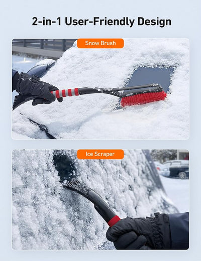 AstroAI 27" 2-in-1 Detachable Snow Brush & Ice Scrapers for Car Windshield | Snow Removers with No-Scratch Bristles, Ergonomic Handles & Easy Storage, Winter Accessories for Cars, SUVs, Trucks (Red)