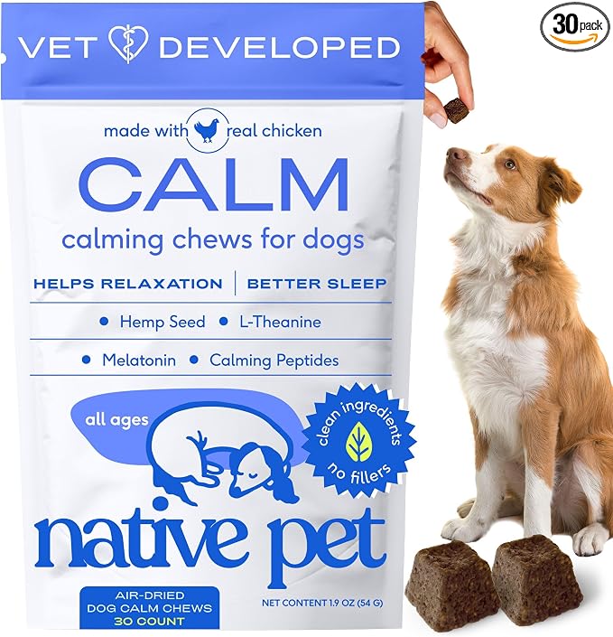 Native Pet Calming Chews for Dogs Medium Breed - 60 Calming Dog Treats - Hemp Seed, Melatonin, L-Theanine - Supports Calm Behavior - 30 Chews