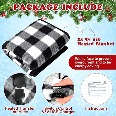 Tuanse 2 Pcs USB Heated Blanket 25"x35" Small Portable 5v 3 Setting Electric Blanket with Timer and Temperature Controller Winter Wearable Recharge Throw for Travel Home(Single Black and White Plaid)