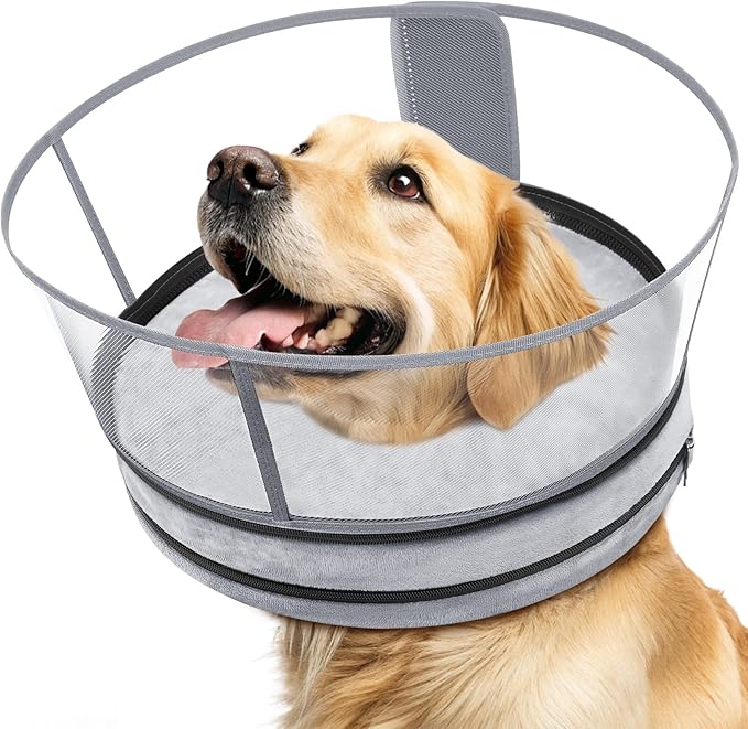 Sponge Dog Cone After Surgery, No Inflation Required Dog Donut Collar to Stop Licking, Inflatable Cone Alternatives for Medium Pets, Soft Recovery Collar with Protective Shield (Grey, M+)