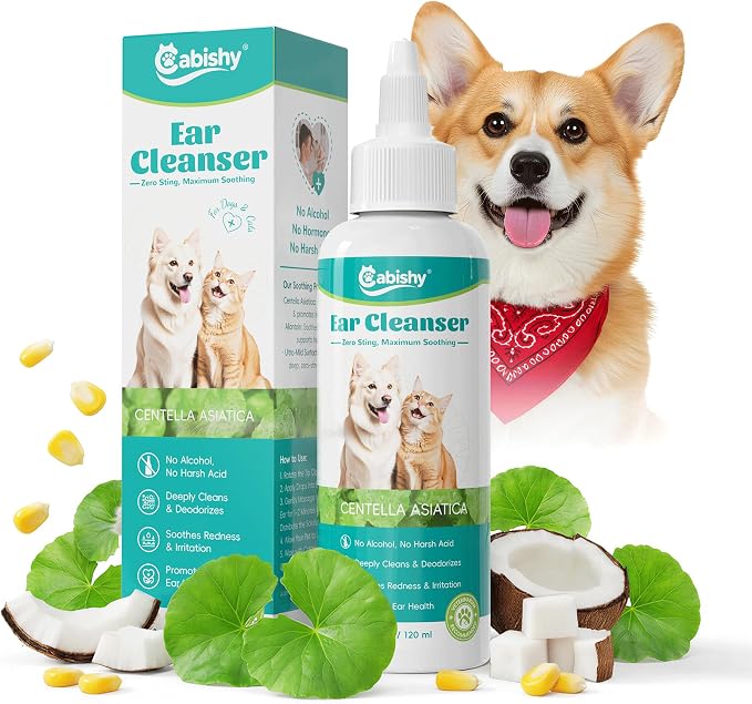 Dog & Cat Ear Cleaner for Itchy, Smelly Ears – Gentle Ear Wax Removal & Soothing Ear Wash with Centella Asiatica, Alcohol-Free Pet Ear Cleaning Solution for Dogs & Cats (4oz)