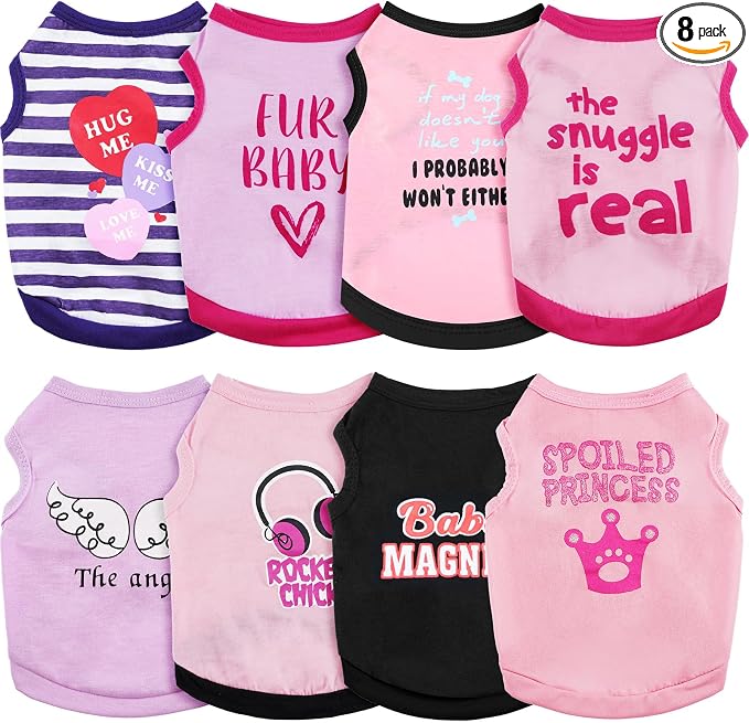 8 Pieces Dog Shirts Girl Small Dog Clothes for Chihuahuas Yorkies Female Puppy Shirts Printed Pet Outfit Cute Breathable Soft Valentine's Day Doggie Cat Lovers Gift(Vivid Pattern,Size M)