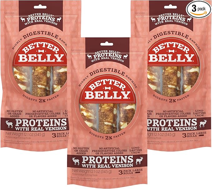 Better Belly Proteins with Real Venison Large Rolls 3 Count, Digestible Rawhide for Dogs, 12.1 Ounce (Pack of 3)