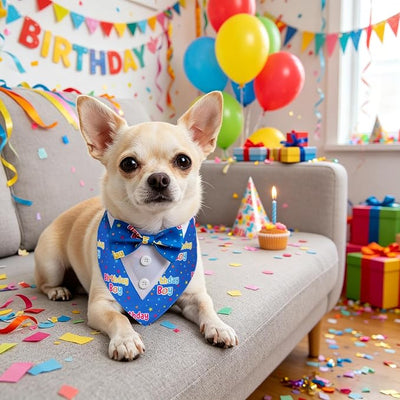 ADOGGYGO Birthday Boy Dog Tuxedo Bandana, Blue Collar with Bow Tie, Adjustable Formal Birthday Costume for Extra Small Dogs (XS)