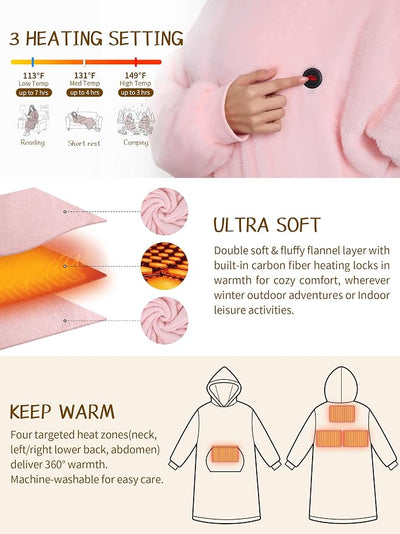 Wearable Heated Blanket Hoodie with 16000 mAh Battery,Cordless Heating Throw,Electric Shawl Robe with Sleeves,Gift for Family