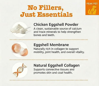 Eggshell Powder for Dogs and Cats - Calcium for Dogs Supplement with Calcium Carbonate, Egg Shell Powder for Dogs, Supports Strong Bones, Teeth & Mobility, Made in USA