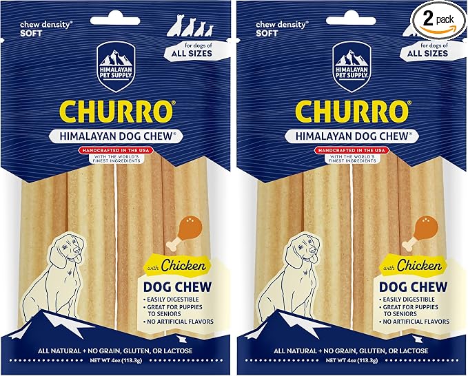 Himalayan Dog Chew Churro Yak Cheese Dog Chews, 100% Natural, Long Lasting, Gluten Free, Healthy & Safe Dog Treats, Lactose & Grain Free, Protein Rich, for All Breeds, Soft, Real Chicken Flavor, 4 oz