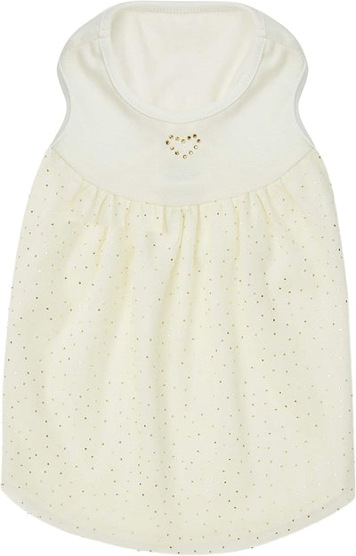 Blueberry Pet My Little Princess Cotton Blend Dog Tulle Dress in Sweet Vanilla with Heart, Back Length 12", Pack of 1 Clothes for Dogs