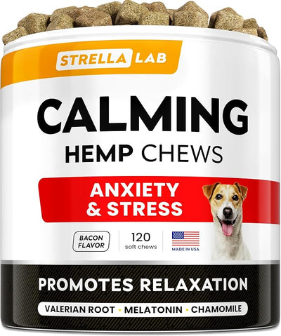 Hemp Calming Chews for Dogs - Advanced Dog Calming Treats - Dog Calming Chews - Anxiety Relief Treats - Separation Aid, Barking, Stress Relief, Thunderstorms - Melatonin - Hemp Oil - 120Ct - Bacon