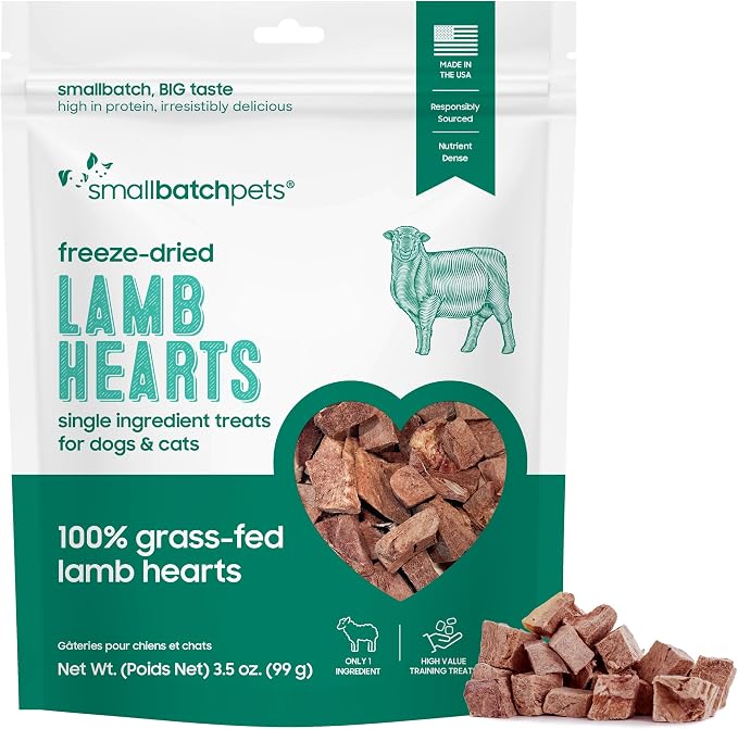 Premium Freeze-Dried Lamb Heart Treats for Dogs and Cats, 3.5 oz, Made and Sourced in The USA, Single Ingredient, Humanely Raised Meat, No Preservatives or Anything Artificial Ever