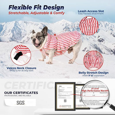 SPACE LION Dog Puffer Jacket, Down Winter Coat, Durable Outdoor Coat for Cold and Windy Conditions, Lightweight & Adjustable Fit Coats for Large Dogs, (RedStripe, Size26/3XL)