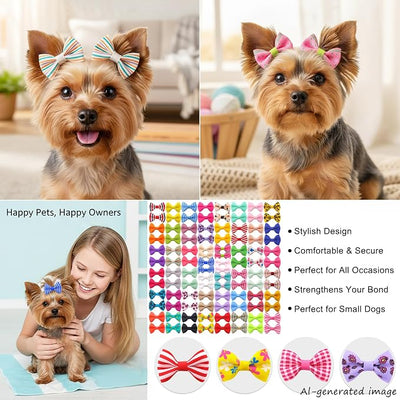 QingHan Dog Hair Bows Small Puppy Bowknot Clips for Pet Grooming Accessories Doggy Gifts 100Pcs (50 Pairs)