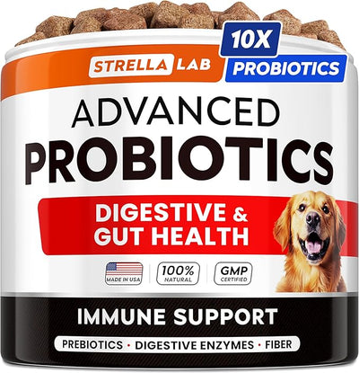 StrellaLab Vet Strength Dog Probiotics Treats - 60 Billion CFU per jar + Digestive Enzymes Prebiotics - Chewable Fiber Supplement w/Pumpkin - Diarrhea, Gas, Constipation, Upset Stomach Relief