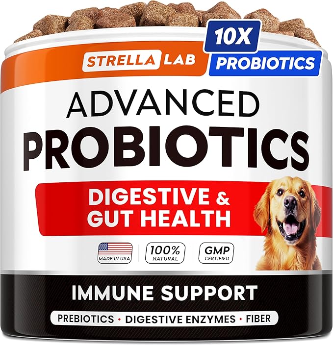Vet Strength Dog Probiotics Treats - 60 Billion CFU per jar + Digestive Enzymes Prebiotics - Chewable Fiber Supplement w/Pumpkin - Diarrhea, Gas, Constipation, Upset Stomach Relief