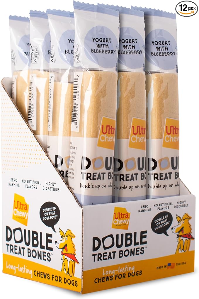 Ultra Chewy Yogurt with Blueberry Double Treat Bones: Long-Lasting Dog Treats Made in USA for Large and Small Breeds, Highly Digestible (12 Count)