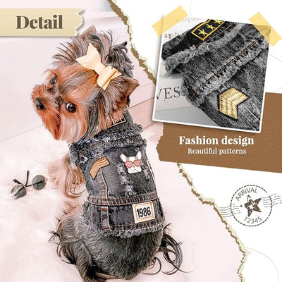 Cool Dog Jean Jacket Small Puppy Outfits Frenchie Clothes Denim Coats for Small Medium Dogs Cats Boys Girls Pet Vest Dog Shirt Clothing Doggy Costume (Black Print, L（Suggest 9-12 lbs）)