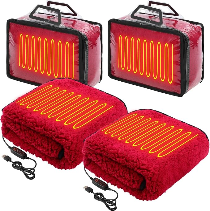 Tuanse 2 Pcs USB Heated Blanket 25"x 35" Heated Car Blanket 5V Portable USB Electric Throw 3 Heat Setting Electric Throw with Timer Temperature Controller for Car Winter Home Office(Red,Lambswool)