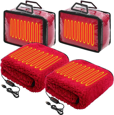 Tuanse 2 Pcs USB Heated Blanket 25"x 35" Heated Car Blanket 5V Portable USB Electric Throw 3 Heat Setting Electric Throw with Timer Temperature Controller for Car Winter Home Office(Red,Lambswool)