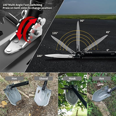 HX OUTDOORS Survival Tactical Shovel 180°Adjustable Head Multi-Tool Shovel | 440 Stainless Steel Heavy Duty Shovel with Anti-Loosening Spring Lock,For Off-road Recovery,Snow,Emergency