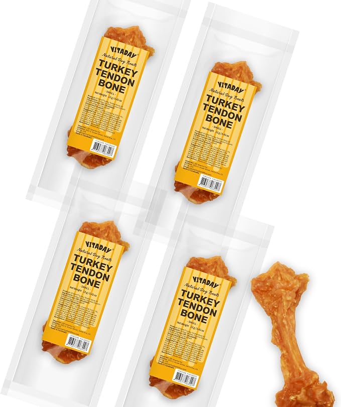VITADAY All Natural Turkey Tendon Dog Treats Bone (S), 4-Pack | Long-lasting dog training treats. Rawhide-free made of USA-sourced premium turkey tendons. For small dogs, Bone (S), 4pk
