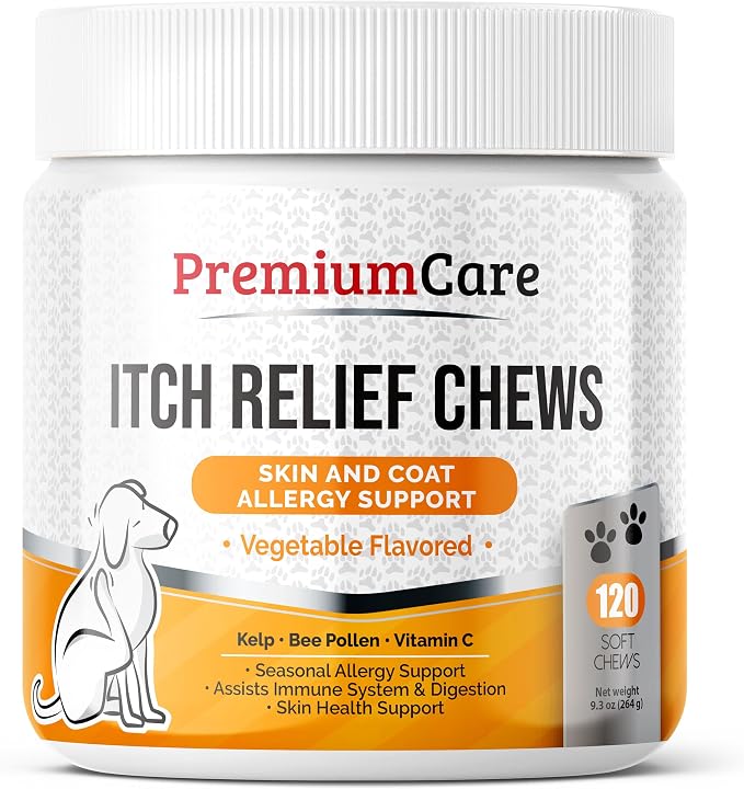 Itch Relief for Dogs - 120 Allergy Chews for Dogs - Anti Itch Seasonal Support for Pets Itchy Skin Relief Skin Health Support with Colostrum, Vitamin C, Omega and Bee Pollen