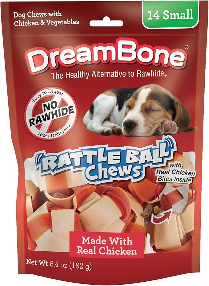 Chicken RattleBall Dog Treats, Daily Rawhide-Free Chew, Digests Safely, With Real Protein, Chicken and Veggies, 14 count