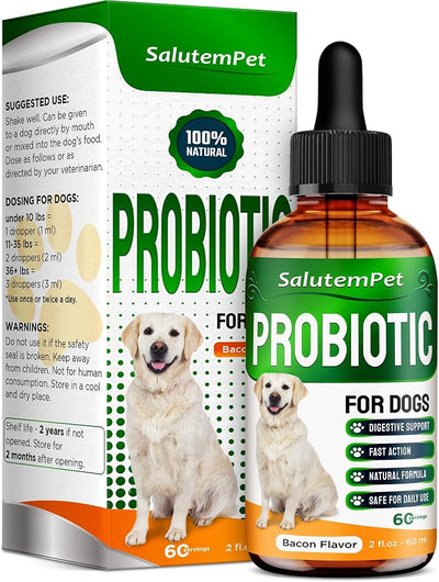Probiotics for Dogs | Liquid Probiotics for Dogs and Puppies | Prebiotic & Digestive Enzymes | Gut Flora Support and Digestive Care | Bacon Taste | 2 Oz