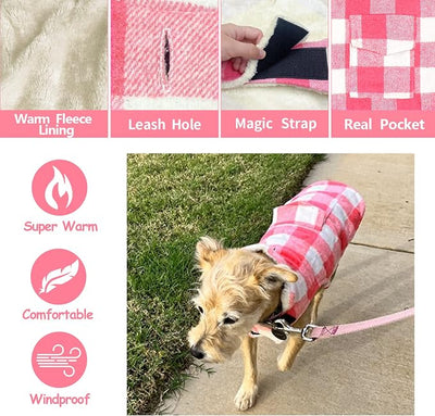 Malier Classic Plaid Fleece Dog Coat Jacket with Pocket, Windproof Warm Winter Pet Apparel for Small Medium Large Dogs (Pink, Large)