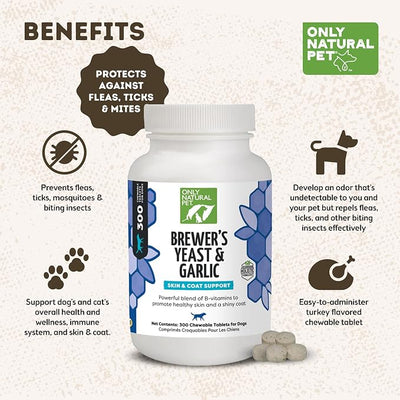 Only Natural Pet Brewer's Yeast & Garlic Chewables - All-Natural Flea & Tick Prevention for Dogs - Fortified with B Vitamins - Promotes Healthy Skin & Coat - 300 Count Tablet