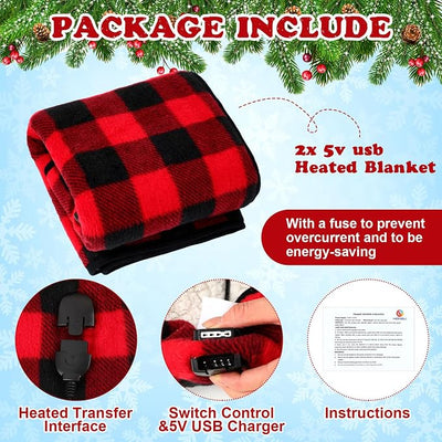 Tuanse 2 Pcs USB Heated Blanket 25"x35" Small Portable 5v 3 Setting Electric Blanket with Timer and Temperature Controller Winter Wearable Recharge Throw for Travel Home(Single Red and Black Plaid)