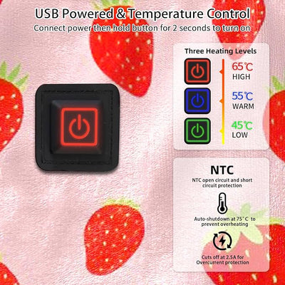 USB Powered Heated Throw Blanket for Women,50"X60" 9V 18W Portable Strawberry Print Electric Heating Blanket with 3 Heat Setting,8-Zone Graphene Heating Blankets for Couch Car Office Outdoor