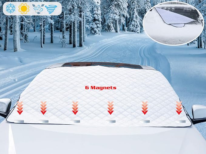 Glare Guard Universal Magnetic Car Windshield Snow Cover, 4 Layer All Weather Auto Snow Cover Protects from Snow, Ice, Sleet, Frost & Hail. 76” x 37” UV Cover Fits All Cars, Smaller Trucks and SUV’S